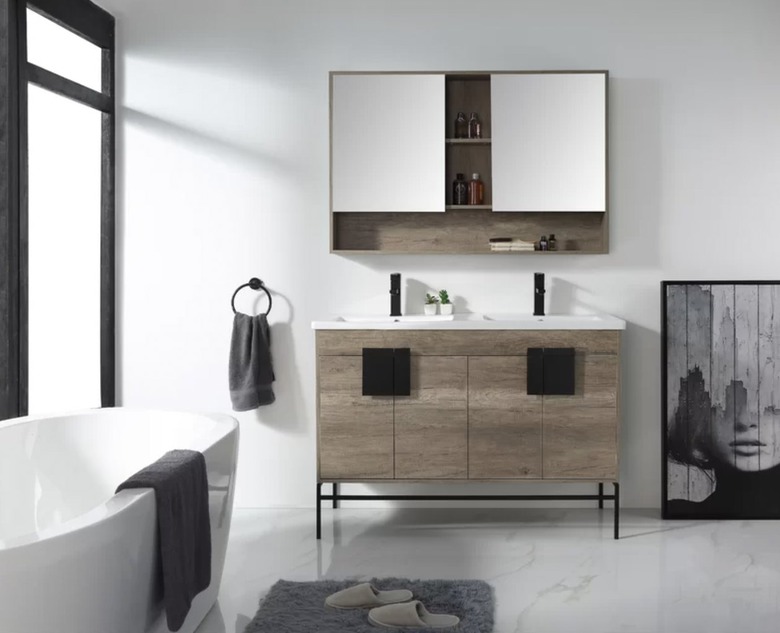 gray mount framed medicine cabinet with mirror and shelves