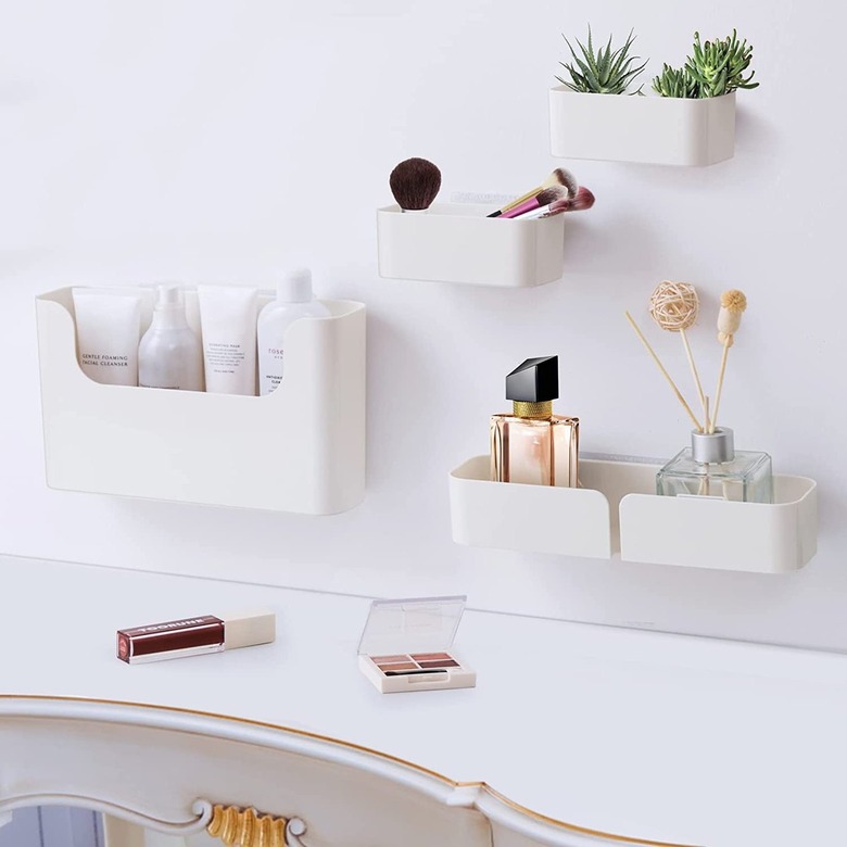 floating storage bins above vanity