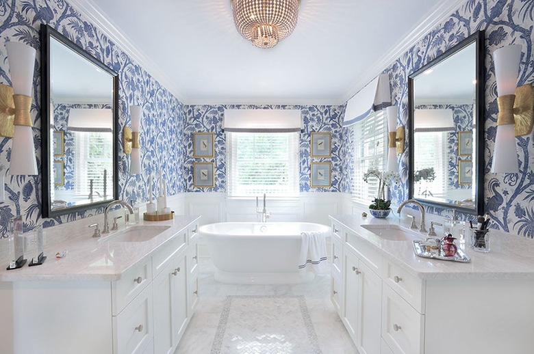 Modern traditional primary bathroom with blue wallpaper