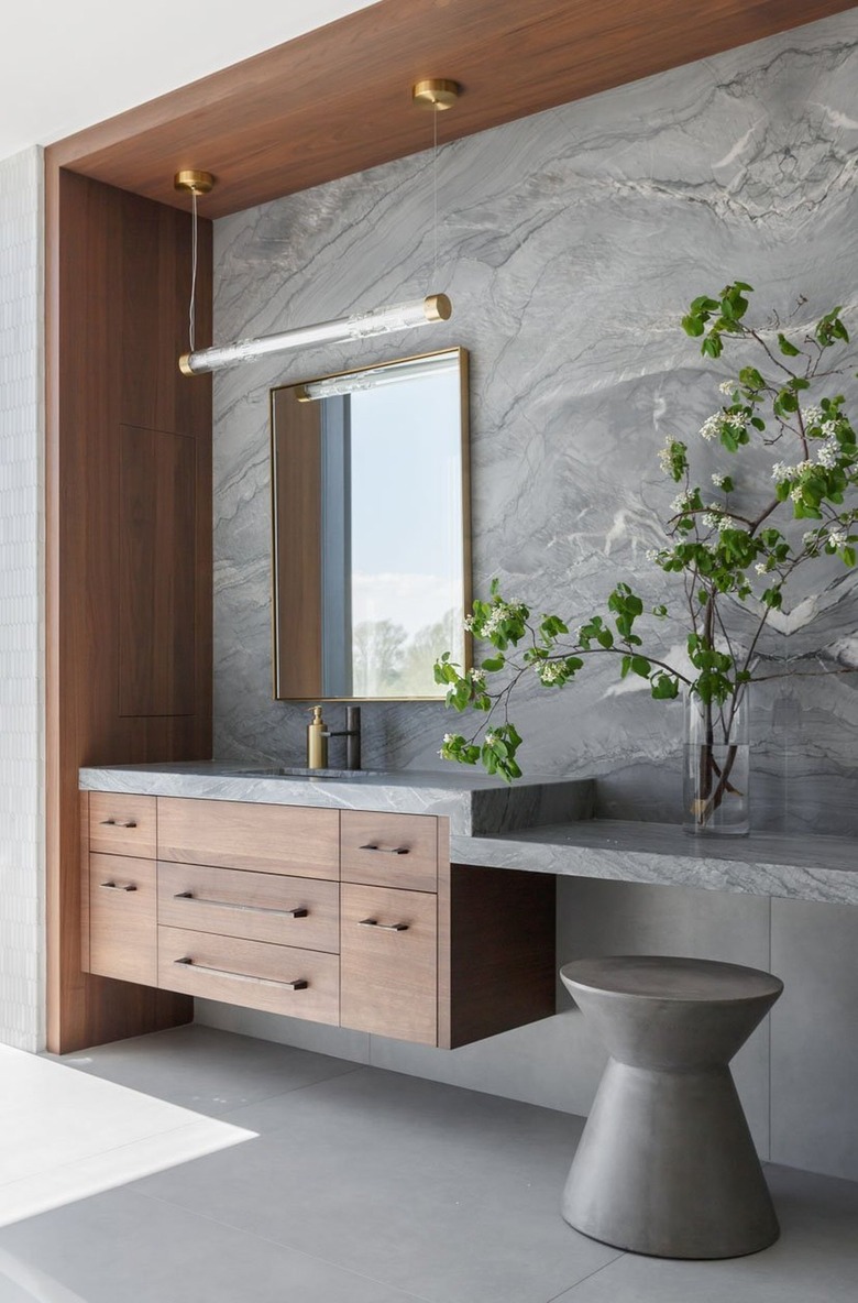 Contemporary gray and wood bathroom with modern bar light