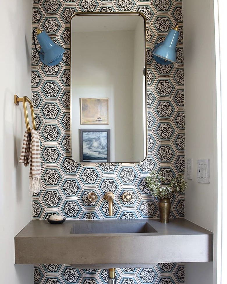 Bathroom with terra cotta tile backsplash