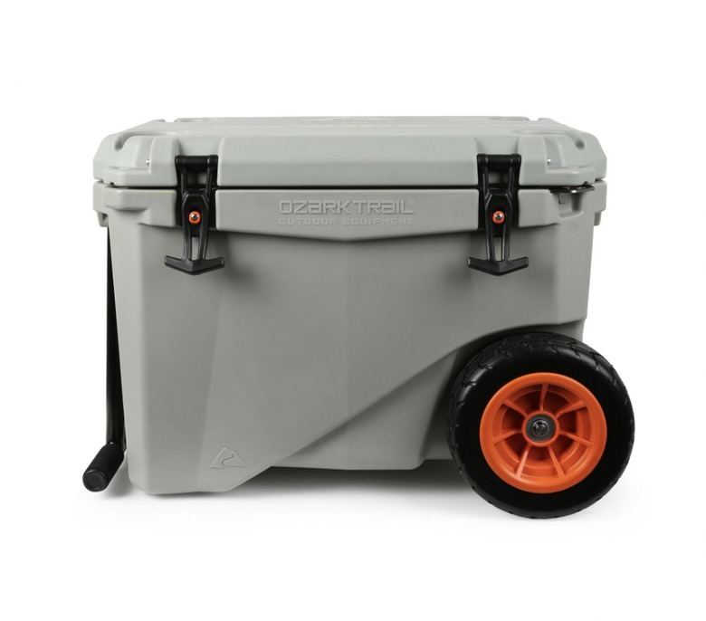 Grey cooler with orange wheels