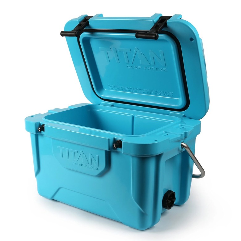 Bright blue open cooler with black accents