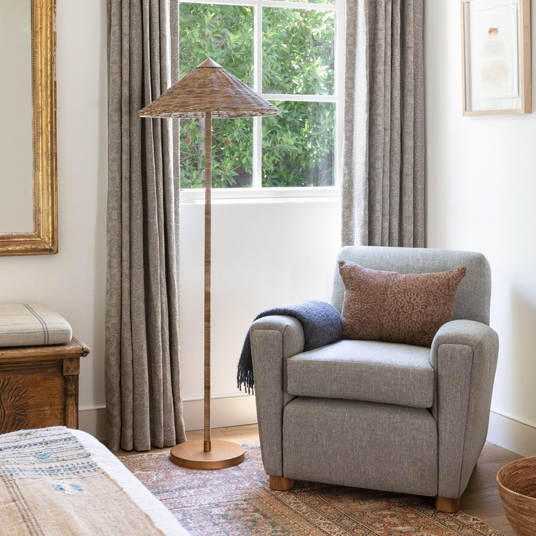 rattan Bedroom Floor Lamps in bedroom corner with armchair