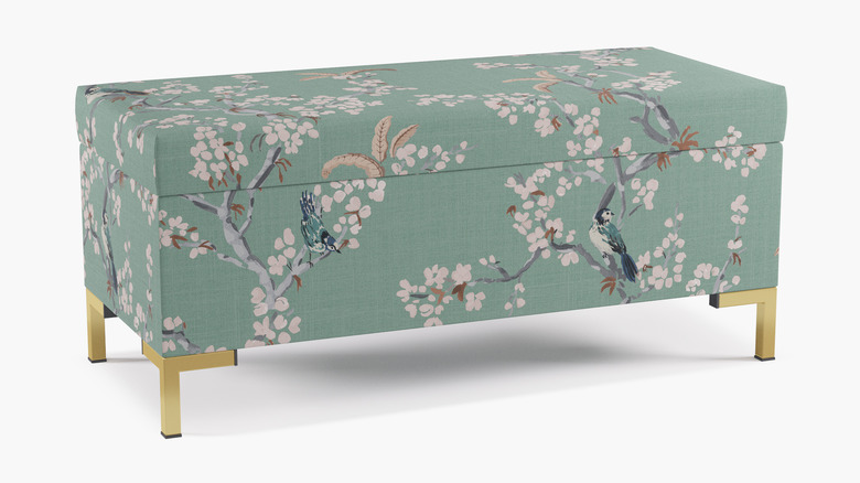 green cherry blossom print upholstered bedroom storage bench