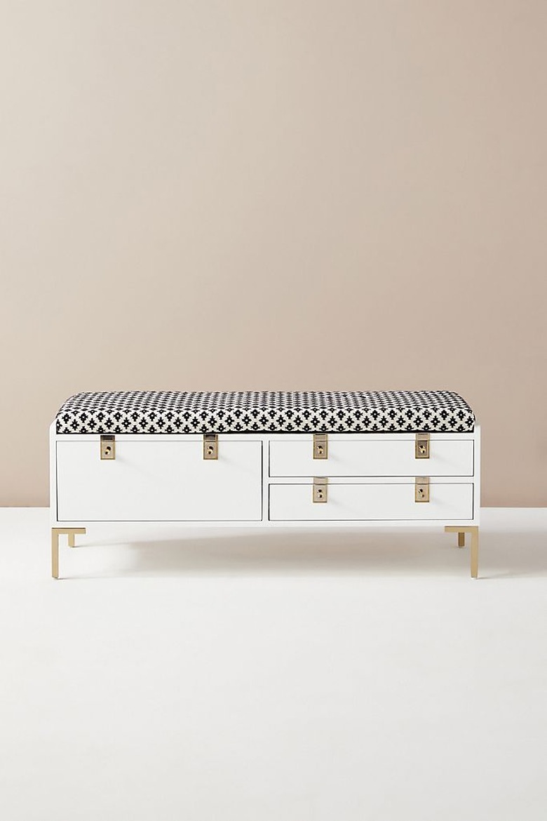 white and black bedroom storage bench with cushioned top