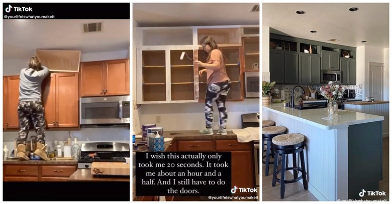 A person remodeling cabinets in three different frames. In the first