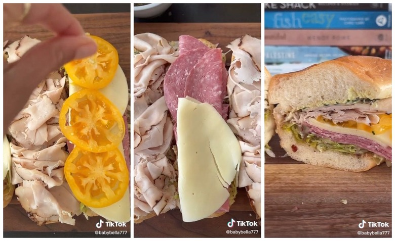 A hand placing sliced yellow tomatoes on a sandwich with turkey and provolone. In the middle is a close up of a sandwich topped with turkey