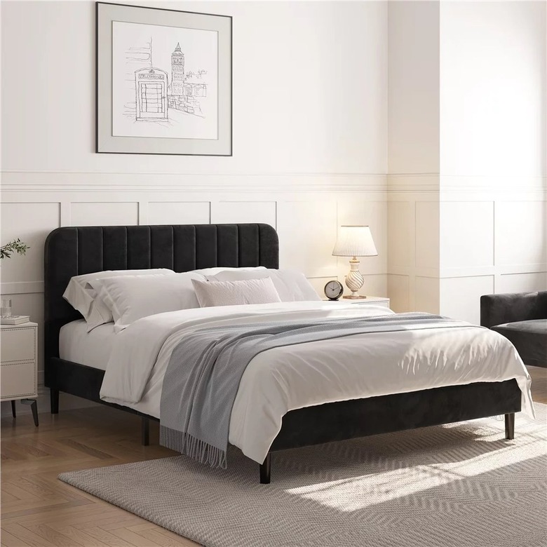velvet platform bed frame with white bedding