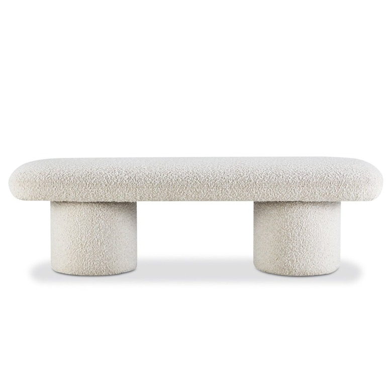 boucle bench with thick boucle-covered legs