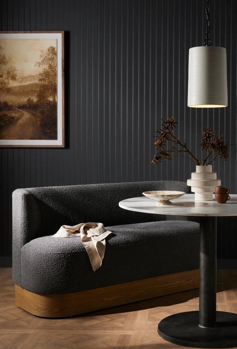 gray dining bench in dining room