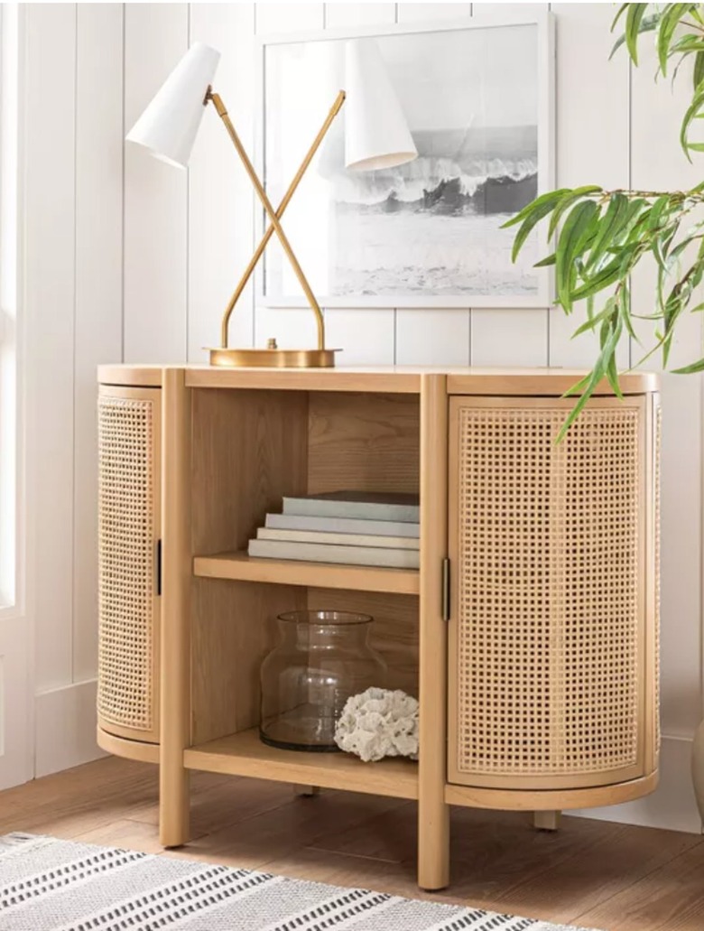 Light-wood and cane cabinet with lamp