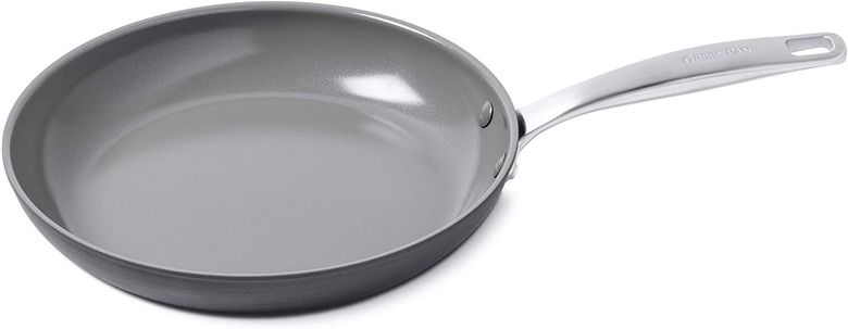 Black frying pan with gray interior and stainless steel handle