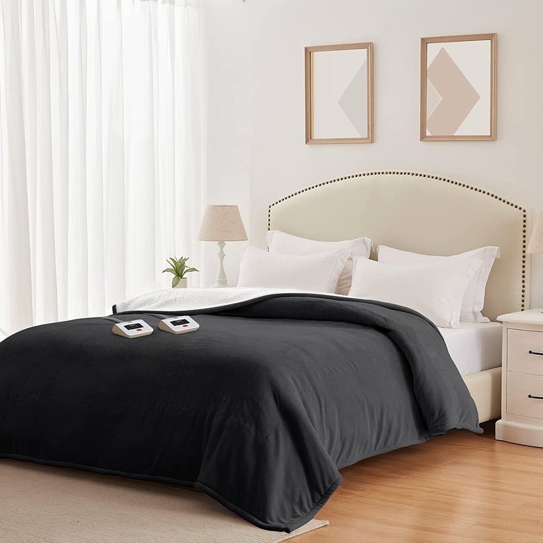 black electric blanket on bed
