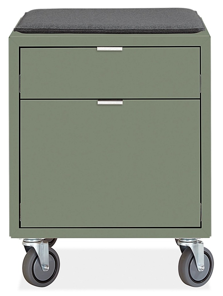 file cabinet in sage green with casters and cushion