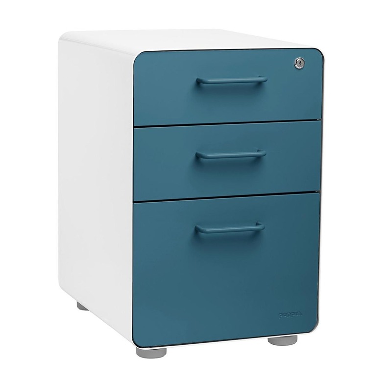 blue and white modern file cabinet with lockable drawer