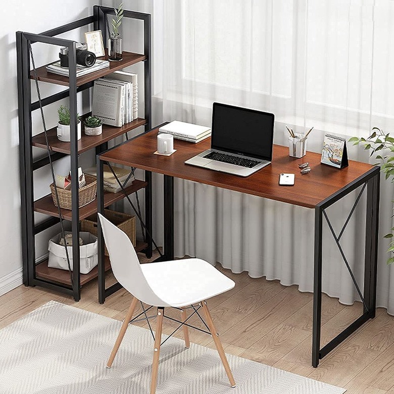 brown wood desk with metal frame legs