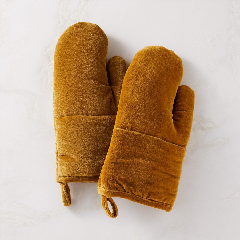 CB2 Mustard Yellow Velvet Oven Mitts