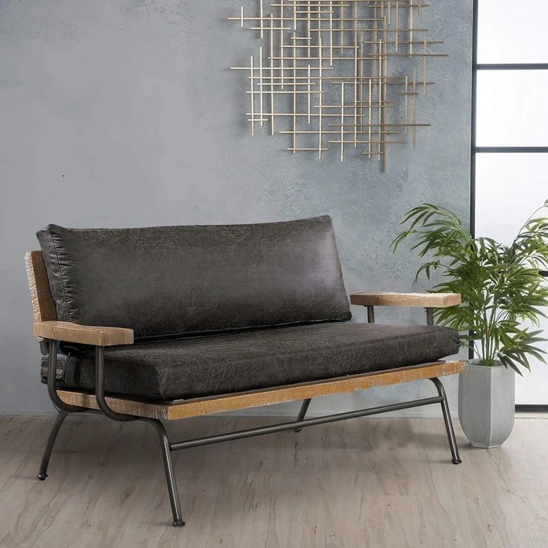 Wood and leather brown couch