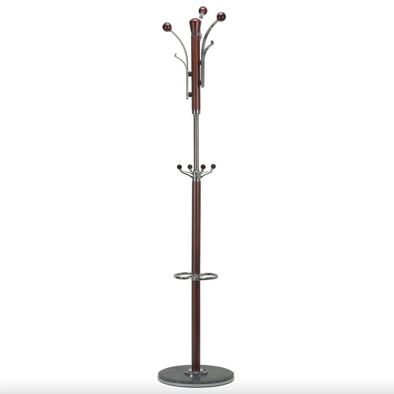freestanding coat rack made of dark wood and silver metal
