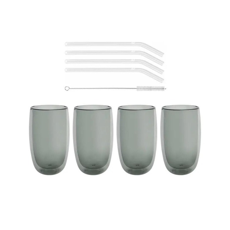 four glasses with straws and straw cleaner