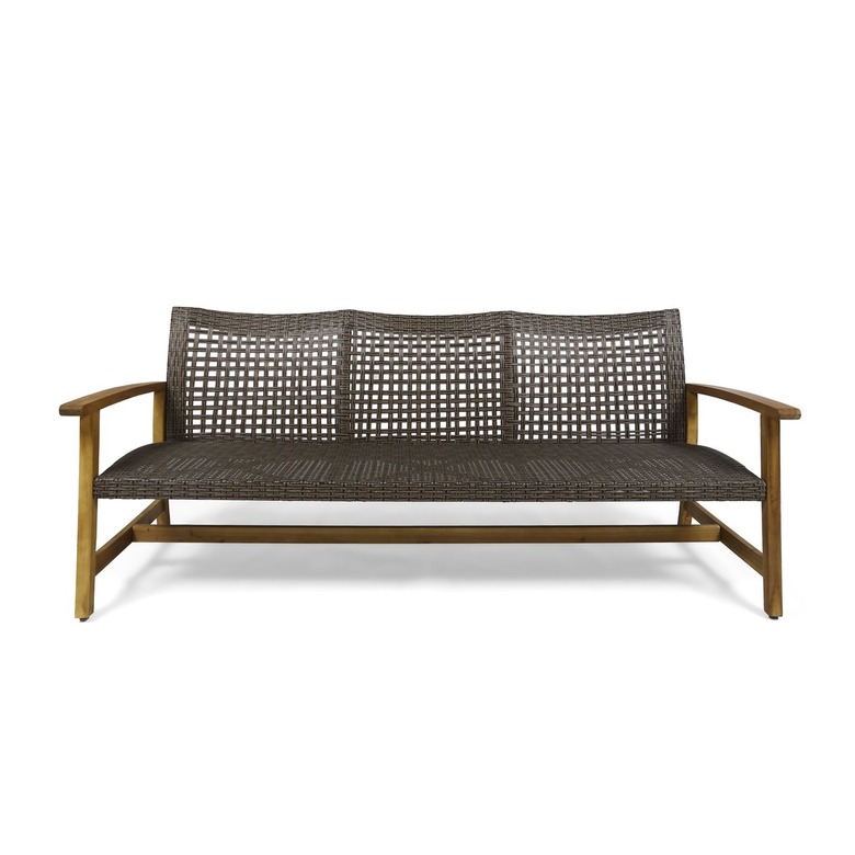 Wicker and wood outdoor couch without cushions