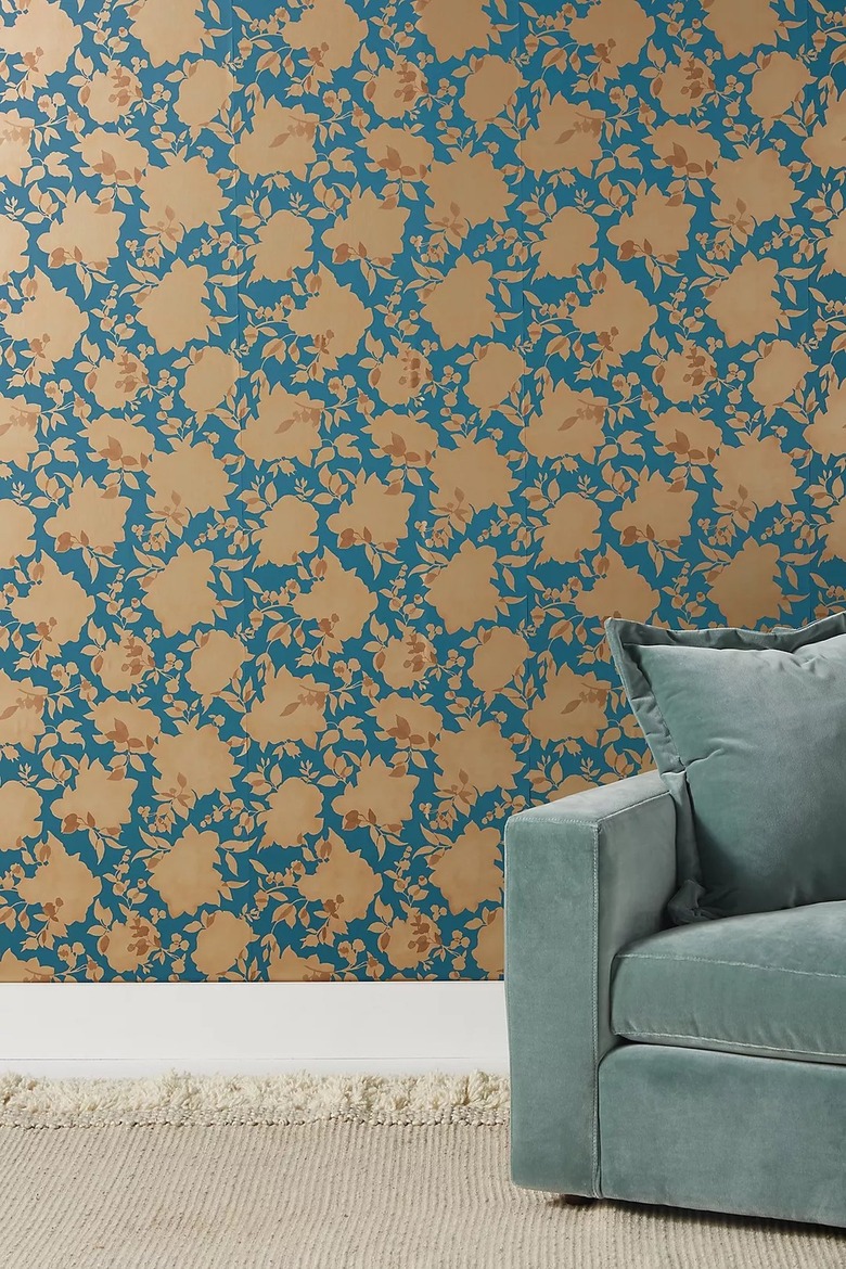 Floral wallpaper with teal and orange
