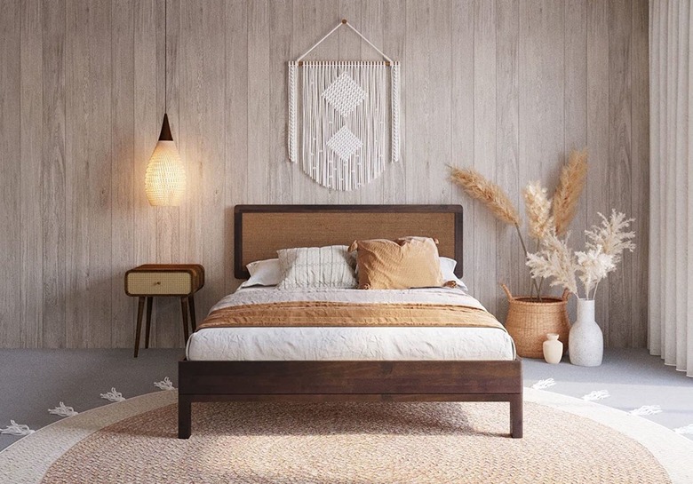 neutral bedroom with rustic bed frame