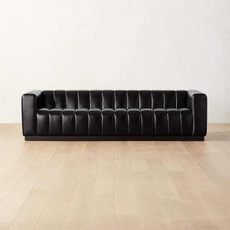 CB2 Forte Extra-Large Channeled Black Leather Tuxedo Sofa