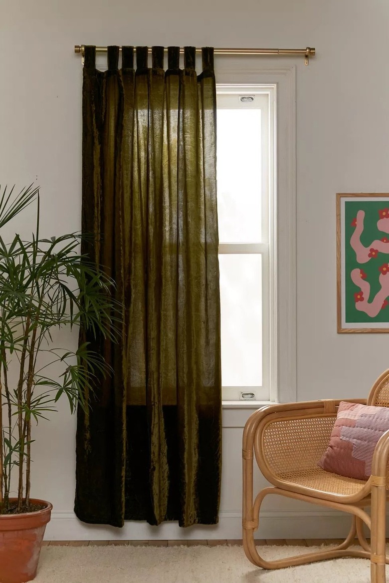 Sheer olive green velvet curtain panel