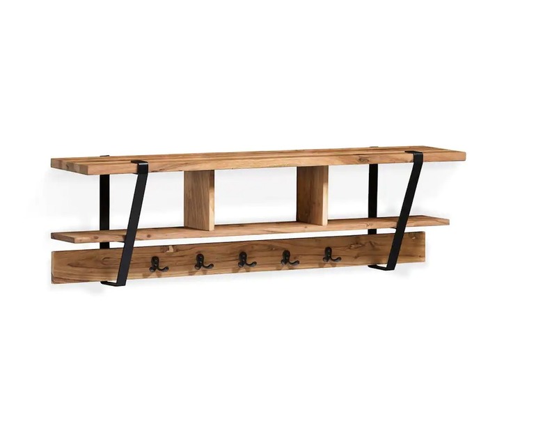 Solid wood coat rack with a built-in cubby and storage above the coat hooks