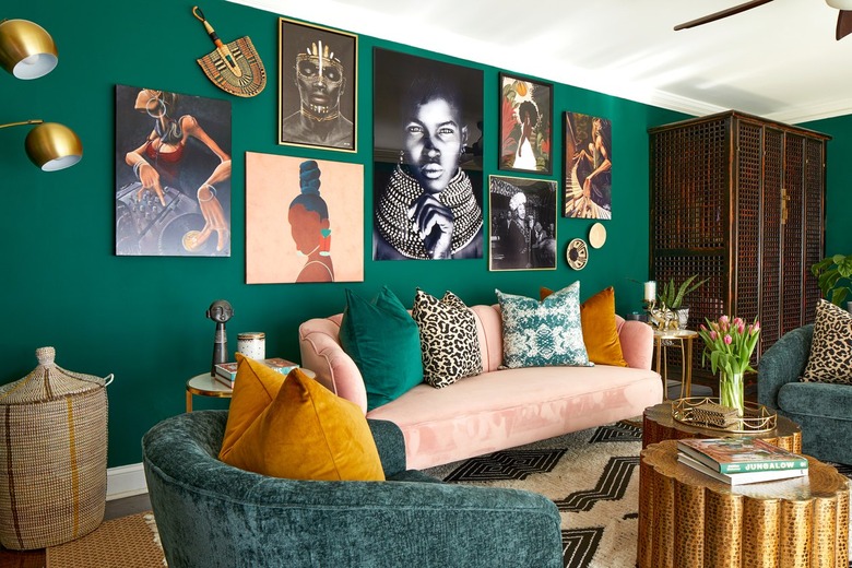 Living room with dark green walls