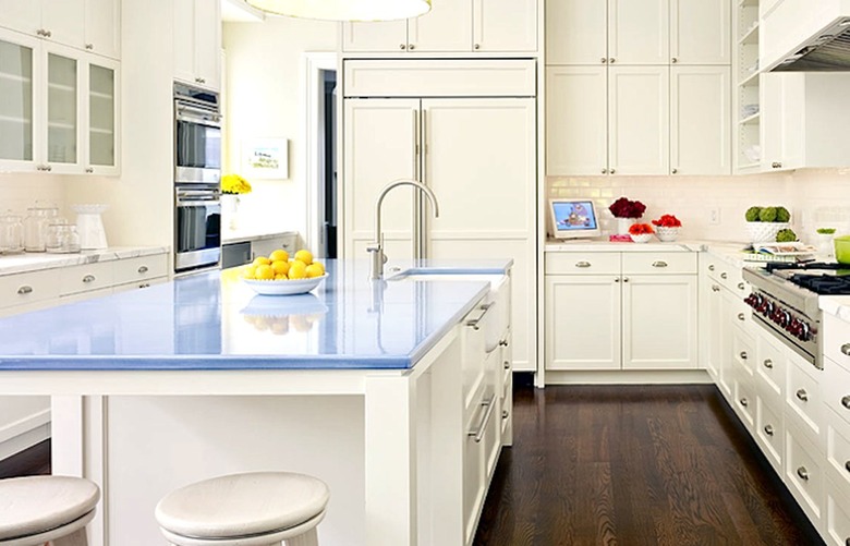 white kitchen with periwinkle counter