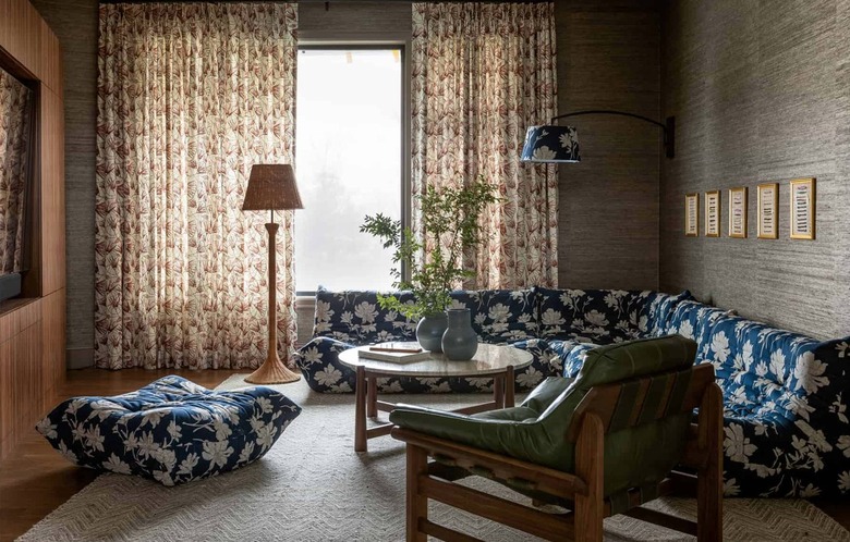 blue floral printed togo sofa in calming living room