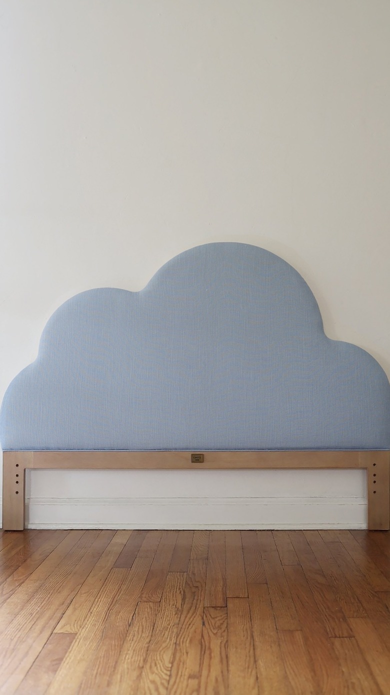 Drew Barrymore Flower Home cloud headboard with blue linen fabric