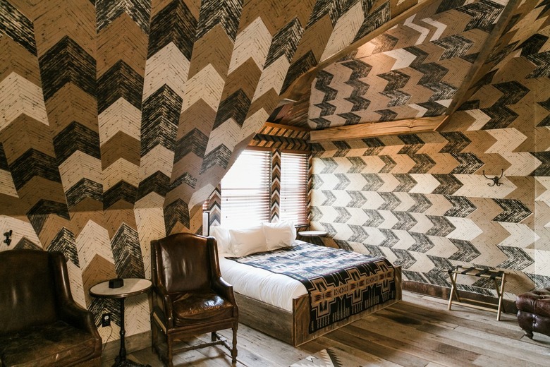 and ceiling all covered in a herringbone pattern