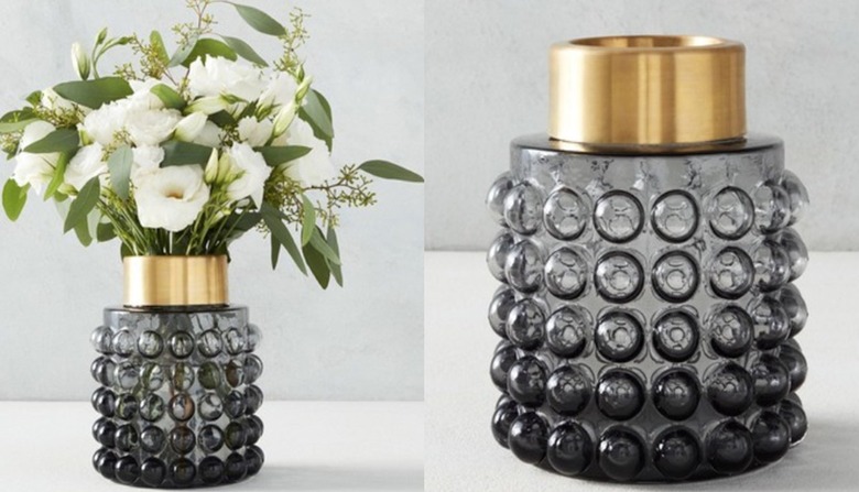 two photos of a black vase with a bubble texture