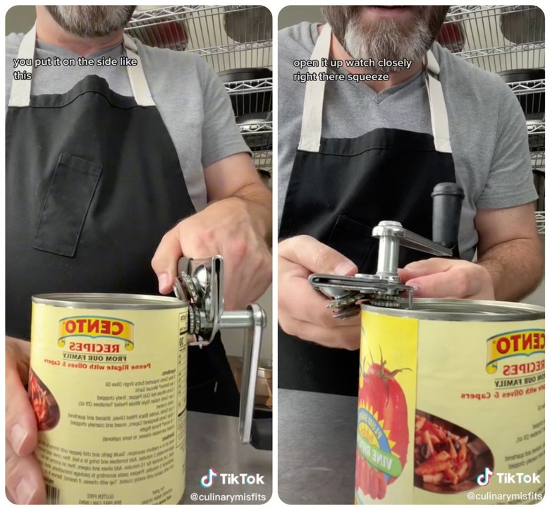 chef using a can opener vertically on left