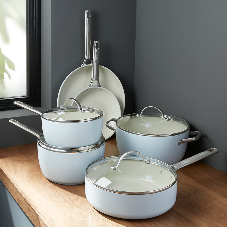 light blue ceramic pots and pans set from greenpan