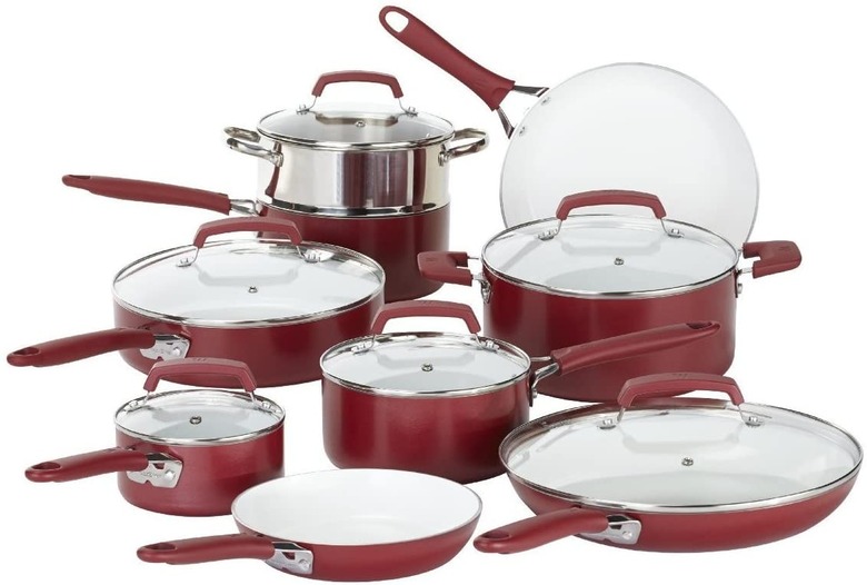 red ceramic pots and pans set from wearever