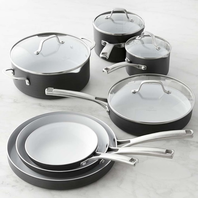 black ceramic pots and pans set from calphalon