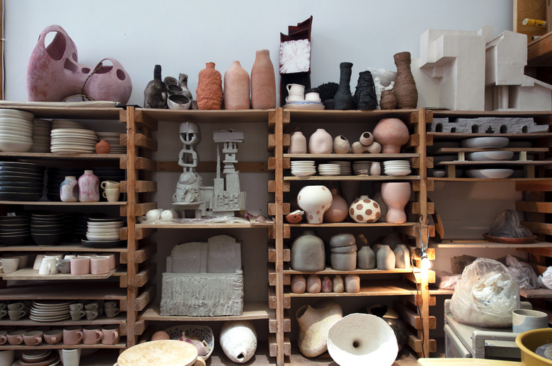 shelves with ceramic pieces