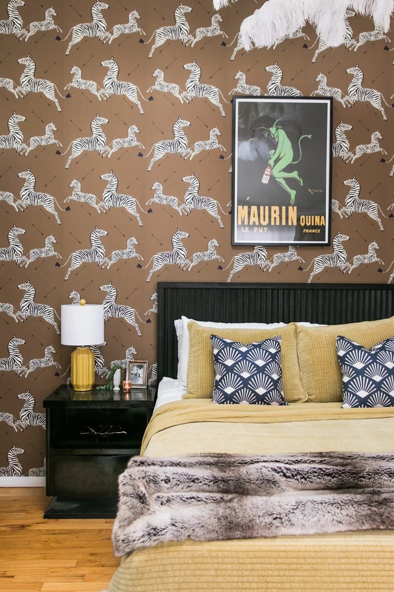 glamorous bedroom with brown zebra wallpaper