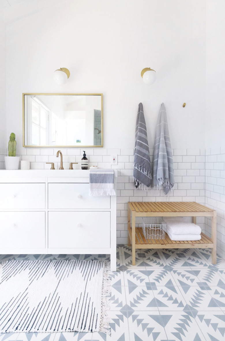 coastal bathroom with geometric floor tile