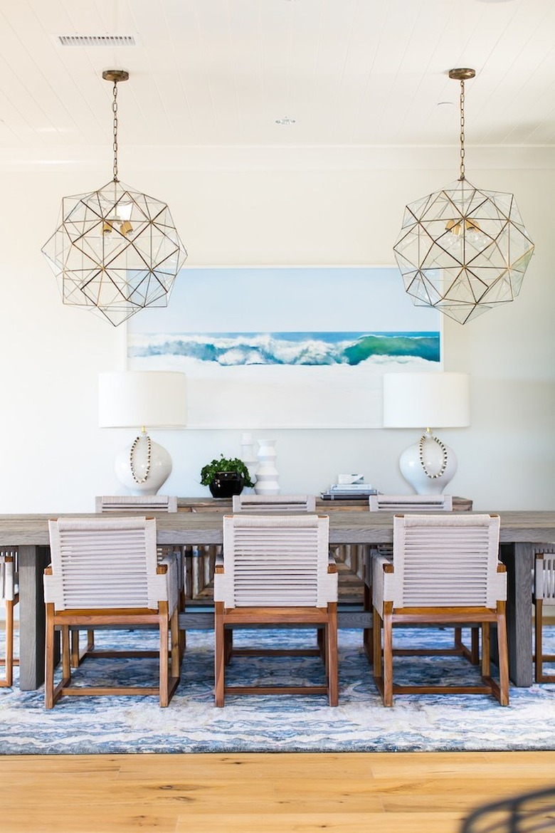 coastal dining room lighting with glass geometric pendants