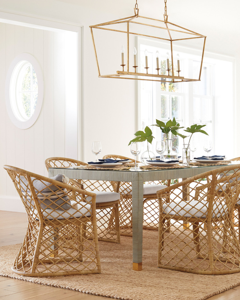 coastal dining room lighting with long gold lantern pendant from serena & lily