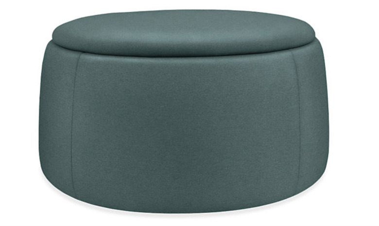 upholstered round teal ottoman/coffee table with storage