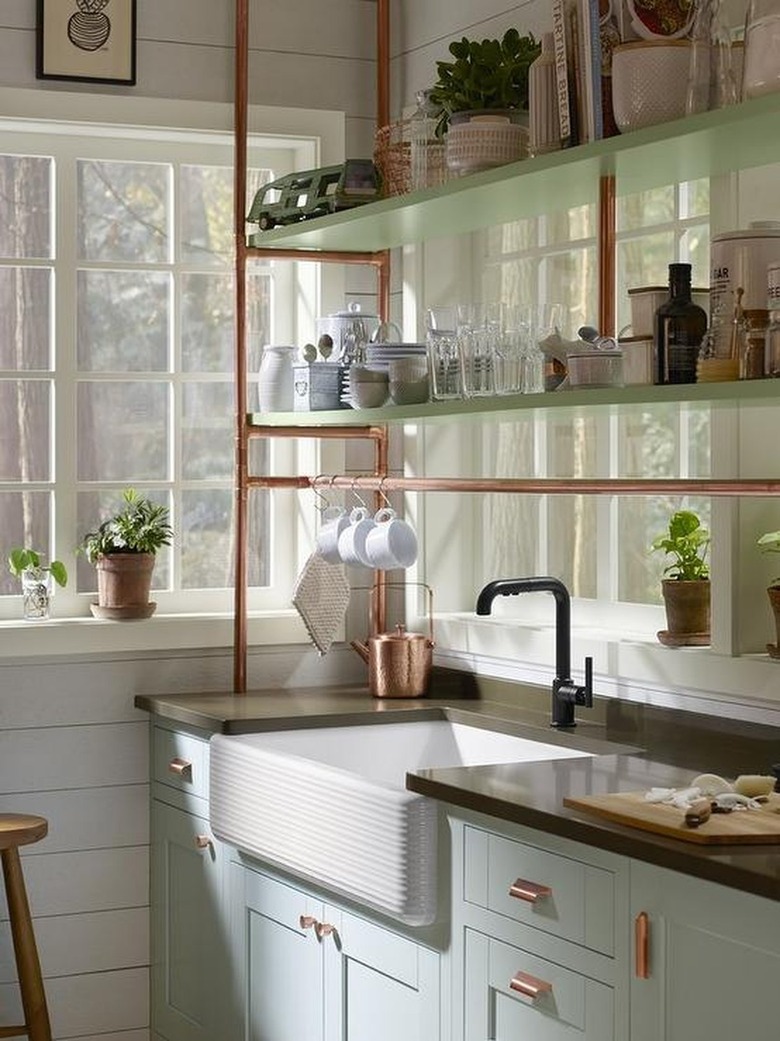kitchen with copper pipe shelf