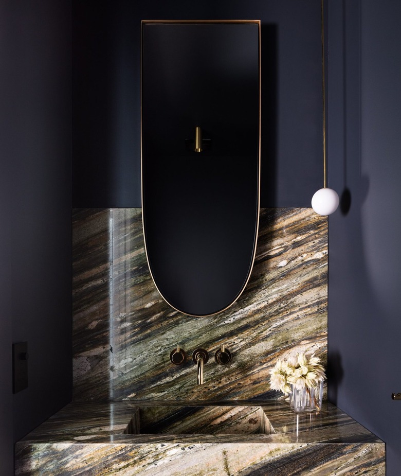 navy blue and brown powder room color idea