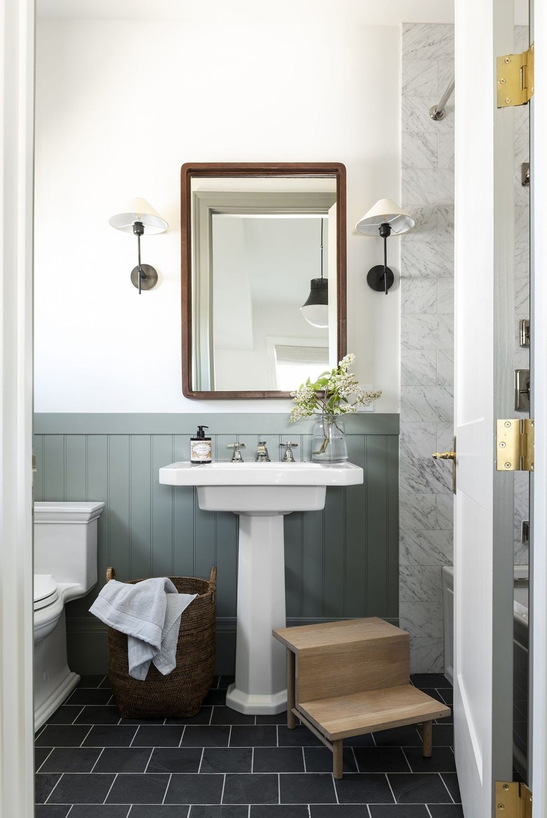 Sage and Charcoal gray bathroom